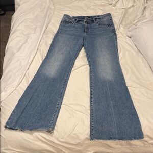 Express Light Blue Flare Jeans with Raw Hem *long